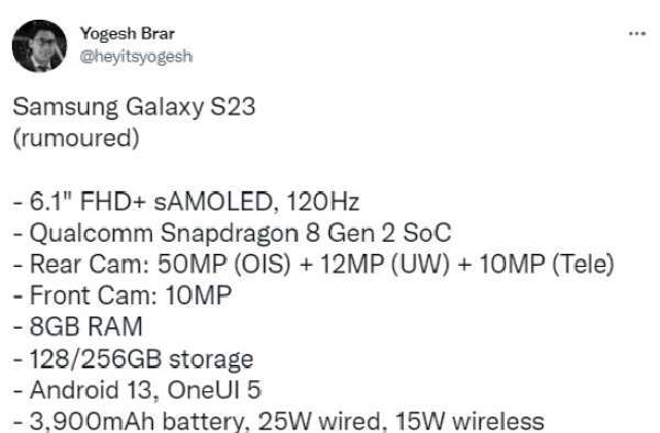 三星S23详细配置曝光骁龙8Gen2+3900mAh电池！